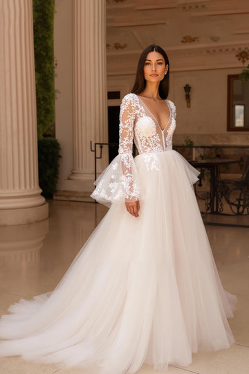 Ivory V-Neck A-Line Appliqued Long Sleeve Wedding Dress With Sweep Train